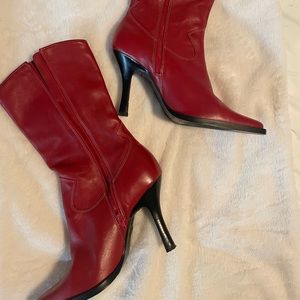 Red leather heeled cowboy boots